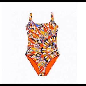 Tory Burch Women M One Piece Tank Swimsuit Sweet Tangerine Kaleidoscope Orange